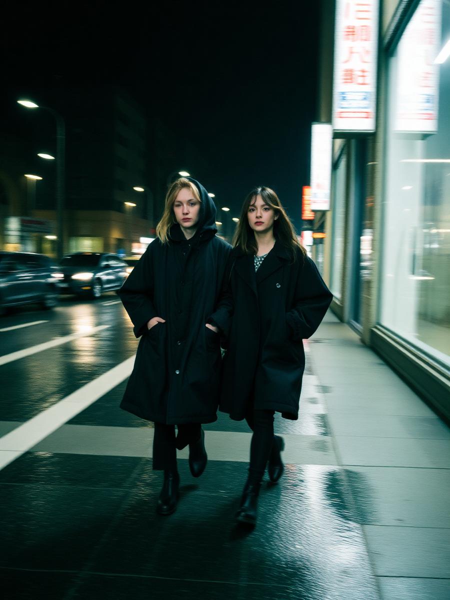 Two people walking a rain-slicked street at night in oversized black outerwear