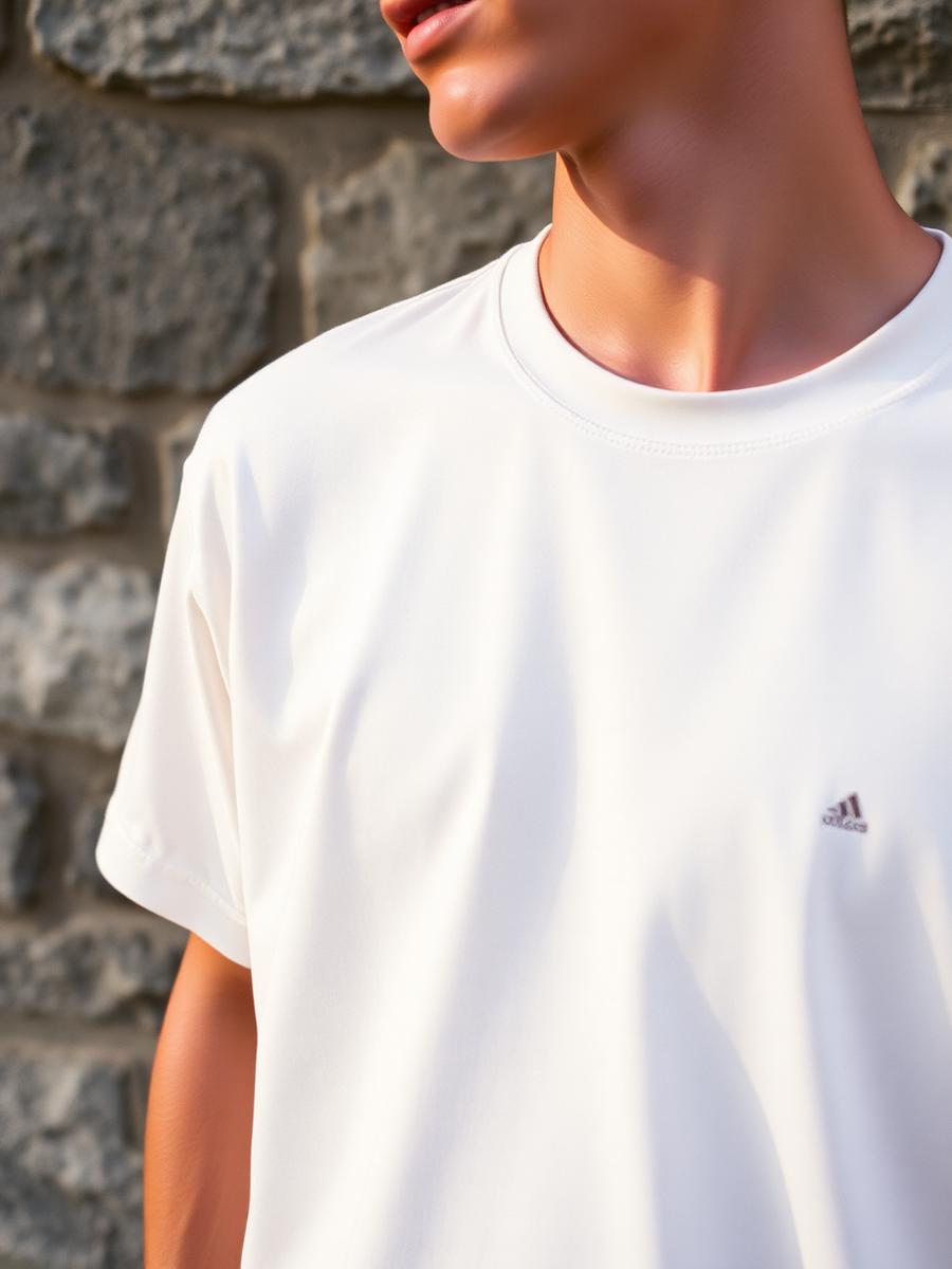 Close crop of a bone-white heavyweight tee against a stone wall